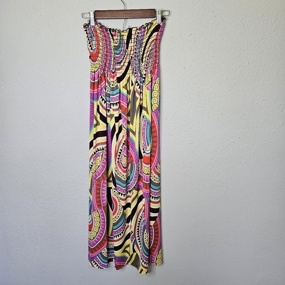 1.2.3 Vibrant Multicolor Smocked Midi‎ Dress Attached Beaded Necklace S Small - Picture 10 of 10